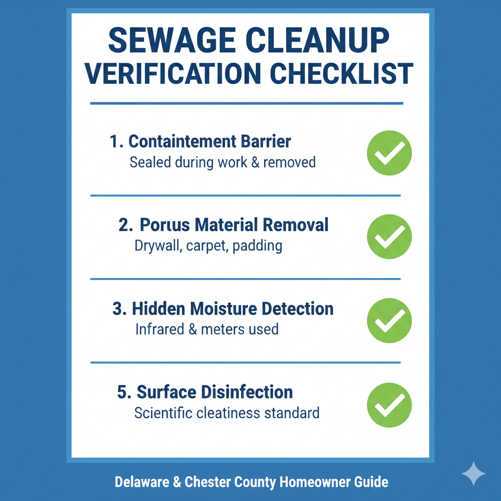 Post-sewage cleanup verification checklist Delaware Chester County homeowners