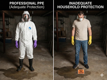 Proper biohazard PPE sewage cleanup protective equipment vs inadequate household protection